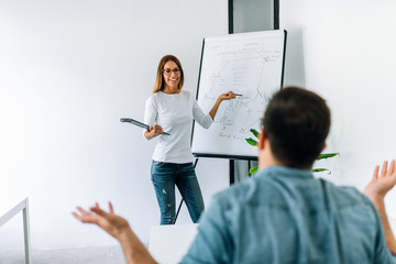 Female developer explaining her male colleague code on the whiteboard.