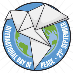 Globe inside Button with Origami Dove for Day of Peace, Vector Illustration