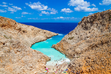 The secluded Seitan Limania beach at cape Akrotiri, Chania. View from above. Crete, Greece