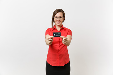 Portrait of pretty young business teacher woman in red shirt skirt glasses holding cedit bank card, cashless money isolated on white background. Education teaching in high school university concept.