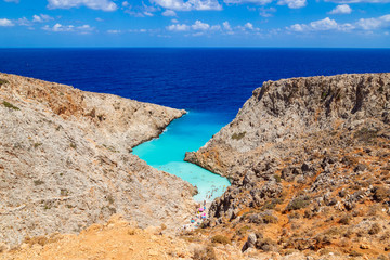 The secluded Seitan Limania beach at cape Akrotiri, Chania. View from above. Crete, Greece