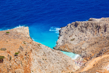 Scenic panoramic view on the exotic Stefanou beach (Seitan Limania) Akrotiri. Rocky beach with white sand and azure water. Stunning natural landscape. Island of Crete. Chania. Greece. Europe