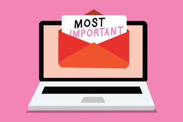 Writing note showing Most Important. Business photo showcasing Greatest or highest degree quantity or the like Significant Computer receiving email important message envelope with paper virtual © Zofia