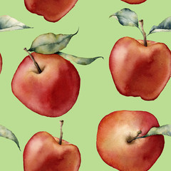 Watercolor apple pattern. Hand painted red apples with leaves isolated on green background. Botanical food illustration for design, print or background