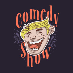 Comedy Show Logo With A Smiling Laughing Face Vector Image.