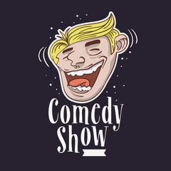 Comedy Show Logo With A Smiling Laughing Face Vector Image.