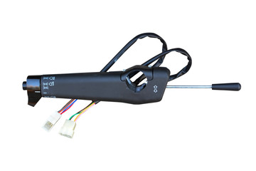 Steering wheel turn signal switch on isolated white background. Spare part of the car.