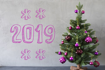 Christmas Tree, Pink Ornaments, Cement Wall, Text 2019