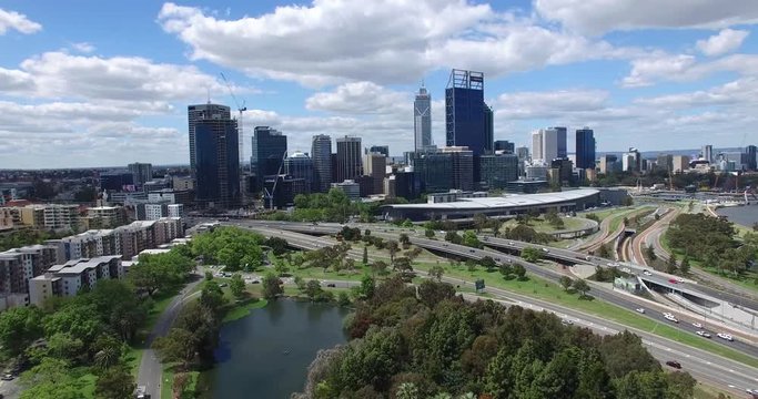 Aerial Drone Shot of Perth Downtown City Skyline, Daytime