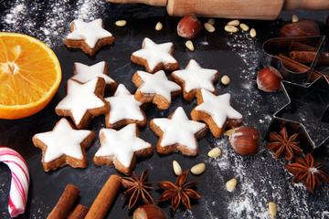 Baking christmas cookies. Typical cinnamon stars bakery
