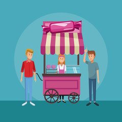 Candy shop booth with customers cartoons vector illustration graphic design