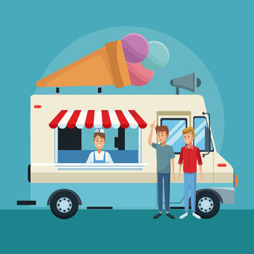 Ice cream truck with customers cartoons vector illustration graphic design