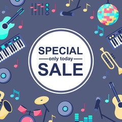 Vector Illustration. Special sale poster with musical instruments on grey blue background. Backgroud for different designs: card, poster, sales, news for sale.