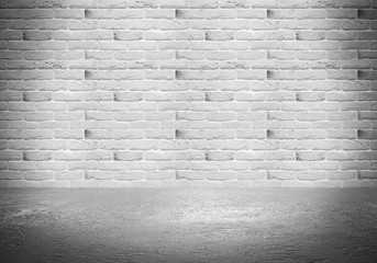Background of a light empty room with a white brick wall and concrete floor