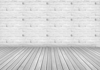 Background of a light empty room with a white brick wall and a wooden floor
