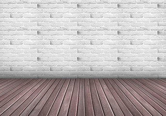 Background of a light empty room with a white brick wall and a wooden floor