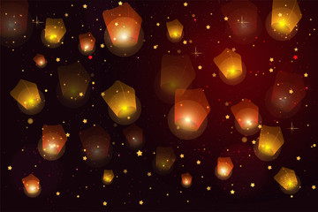 Mid Autumn Festival. Greeting card background with burning lanterns in sky. Banner with glowing Kongming flying lanterns floating in evening sky and place for text.  illustration, banner, postcar