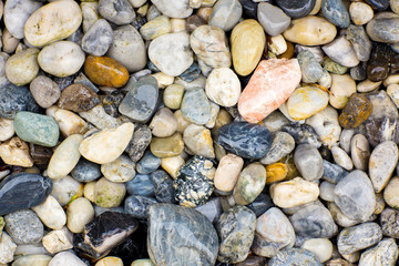 Sea stones background. Colorful small pebbles or stone in garden. Flat lay of sea stones texture background. Abstract shape pattern from nature.
