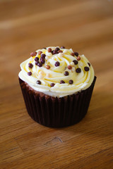 Chocolate cupcake with white frosting and dark beads closeup