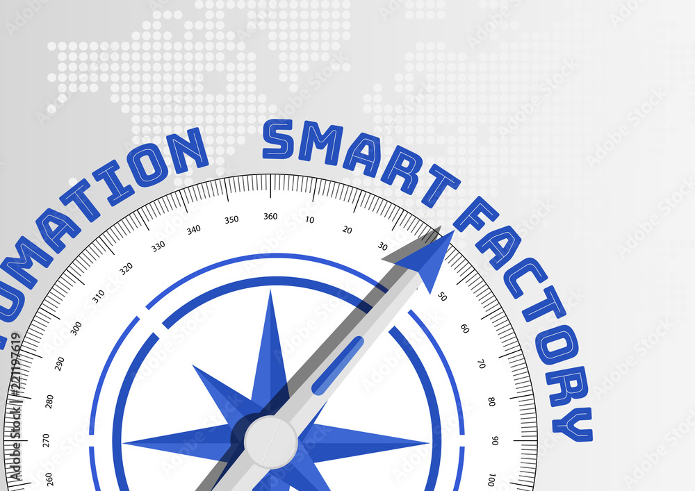 Poster smart factory concept with compass pointing towards text