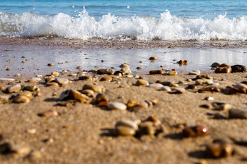 Fototapeta na wymiar Relaxing sea waves on the coast with sand and stones