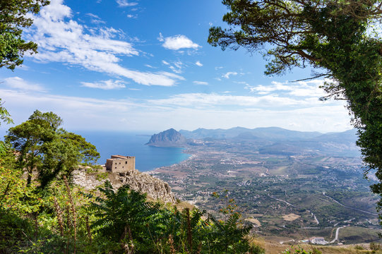 Very nice, colorful view from Erice (mountain town near trapani, Sicily, Italy) on a sunny day during the holidays