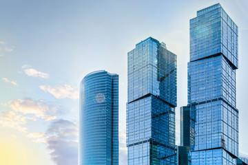 Moscow City skyline, Moscow international Business Center, view of skyscrapers at sunset