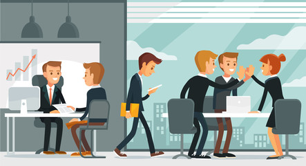 Office space with working people. Vector interior with business team meeting.