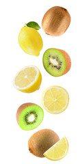 Falling lemon and kiwi isolated on white background