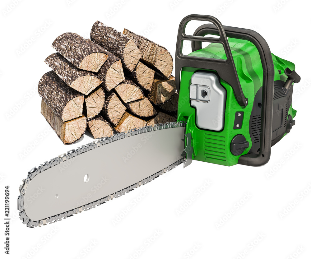 Poster chainsaw with stack of firewood, 3d rendering