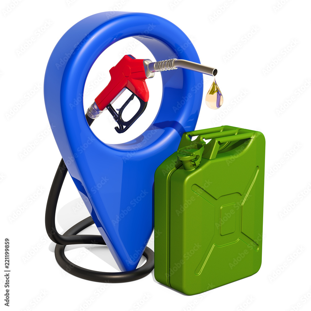 Poster gas station location concept. map pointer with fuel pump nozzle and jerrycan, 3d rendering
