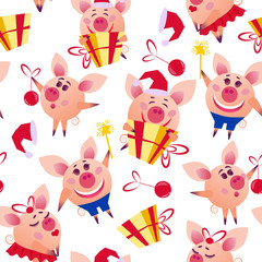 happy funny cartoon christmas pigs seamless pattern