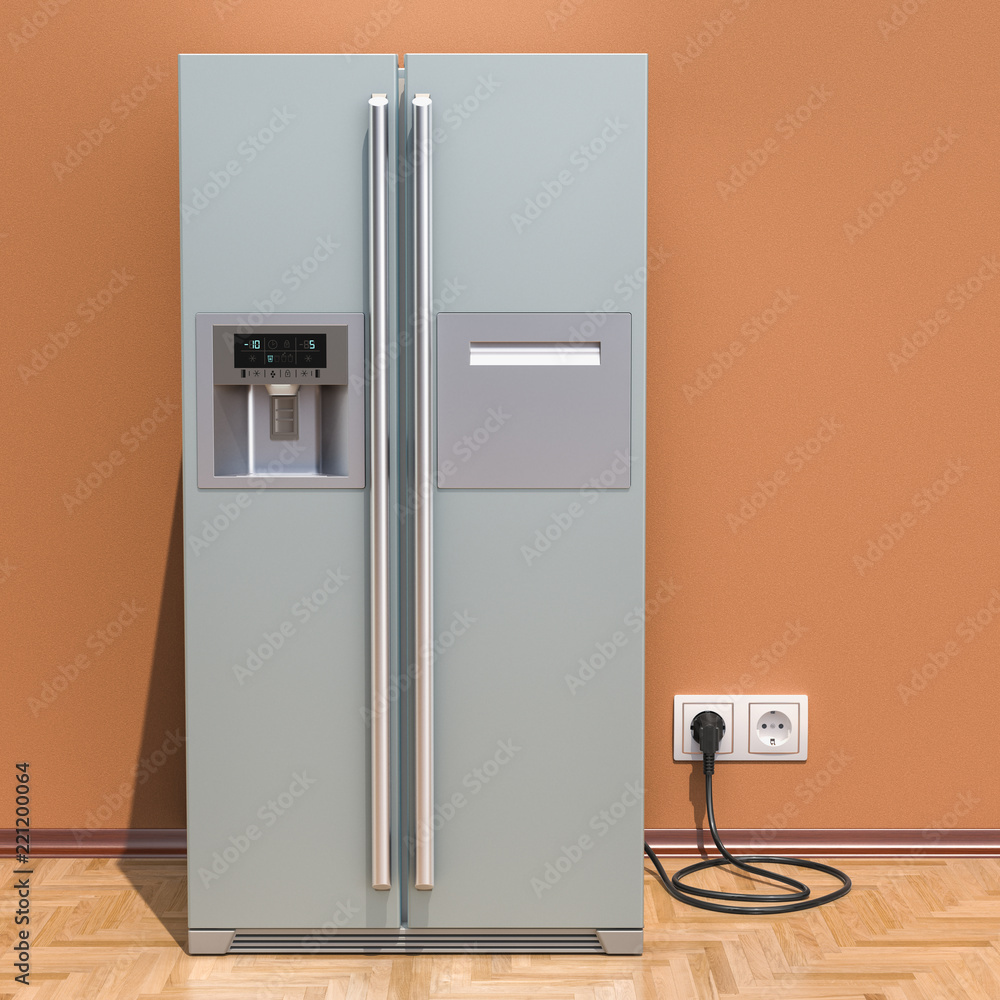 Poster modern fridge with side-by-side door system in interior, 3d rendering