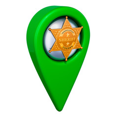 Map pointer with sheriff star badge, 3D rendering