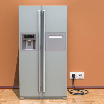 Modern fridge with side-by-side door system in interior, 3D rendering