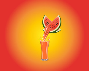 Fruit juice splash in a glass. Glass of refreshing delicious juice from ripe watermelon. Realistic style. Vector illustration
