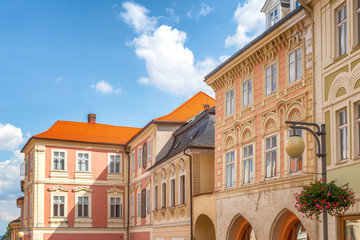 Colorful facades of houses in the historic center of Kutna Hora in the Czech Republic, Europe.