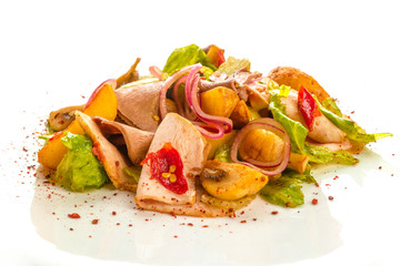 Meat salad with roast beef, mushrooms, potatoes, onions, mix of salad, spices, isolated on white background. Close-up