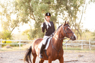 A beautiful girl rider drives a horse. Horse theme