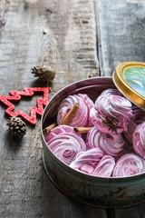 Traditional russian marshmallow zephyr in box. Cinnamon sticks and anise. Christmas decoration. New year mood. X-mas, celebration time. Winter food. Still life of food. Traditional desserts.