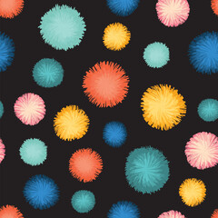Decorative party pom poms seamless repeat vector pattern. Teal, blue, yellow, and red pom poms on black background. Great for birthday, cards, invitations, packaging, digital paper, celebration, kids