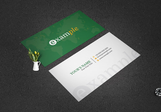 Green Business Card Layout with World Map Illustration