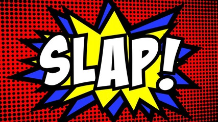 A comic strip cartoon with the word Slap. Green and halftone background, star shape effect.
