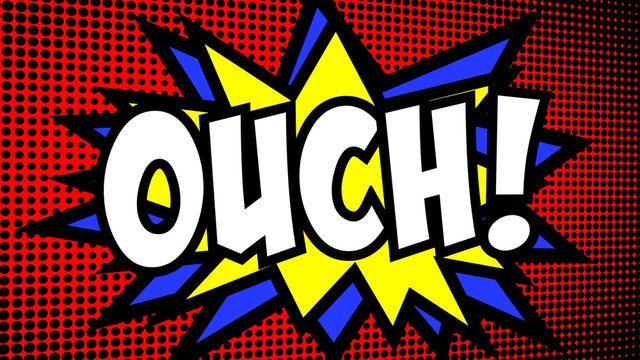 A comic strip cartoon with the word Ouch. Green and halftone background, star shape effect.
