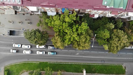 Aerial view of the road junction. Road from height. Aerial view of the road and cars.