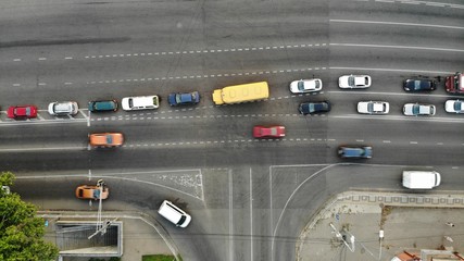 Aerial view of the cars and road. View of the road in the Krasnodar.