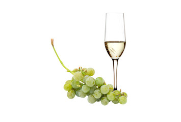 Green grape with white wine isolated on white background