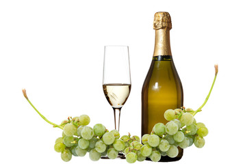 Green grape with white wine isolated on white background