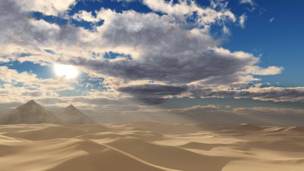 Fototapeta na wymiar Sandy desert. Pyramids in the desert under the clouds. 3d rendering 