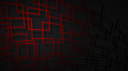 Abstract illustration of dark red intersecting squares with shadows on black background